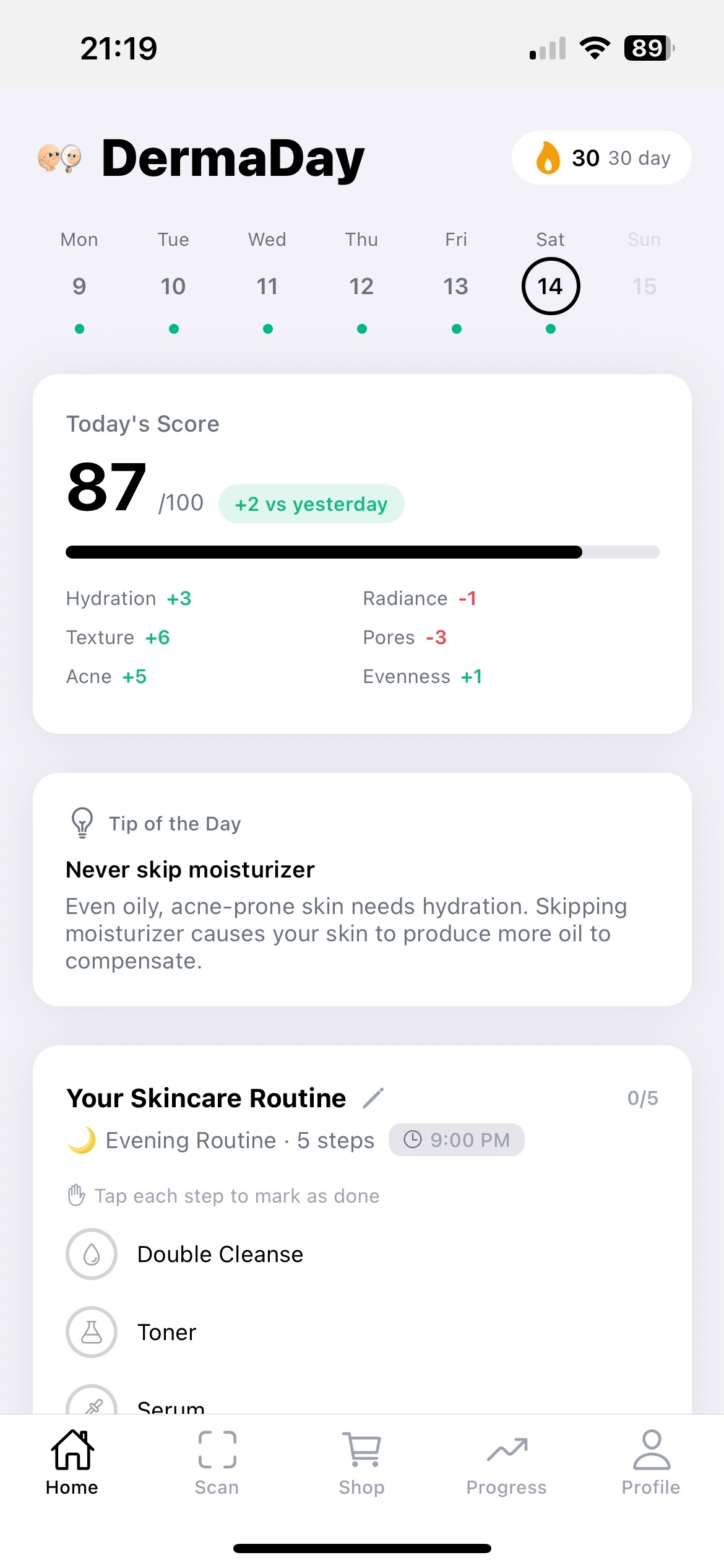 Dermaday app daily skin dashboard with AI score