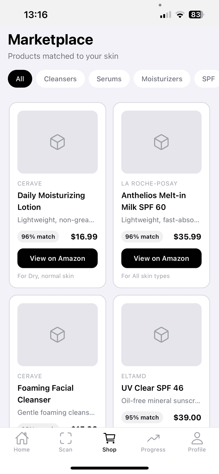 DermaDay marketplace — skincare products matched to your skin, available on Amazon